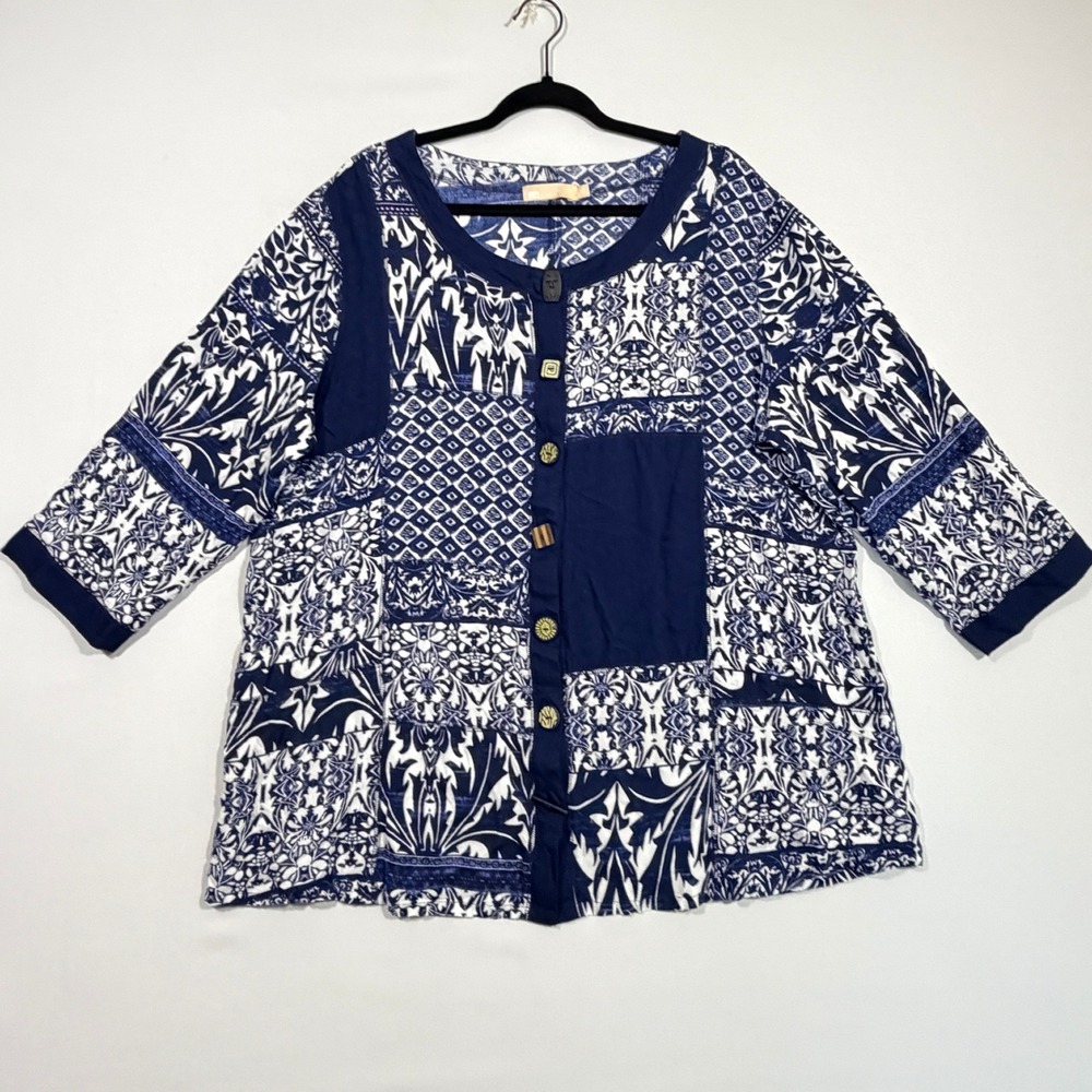 La Cera Tunic Blouse Womens 1X Blue Patchwork Rayon Boho Artsy Lagenlook
